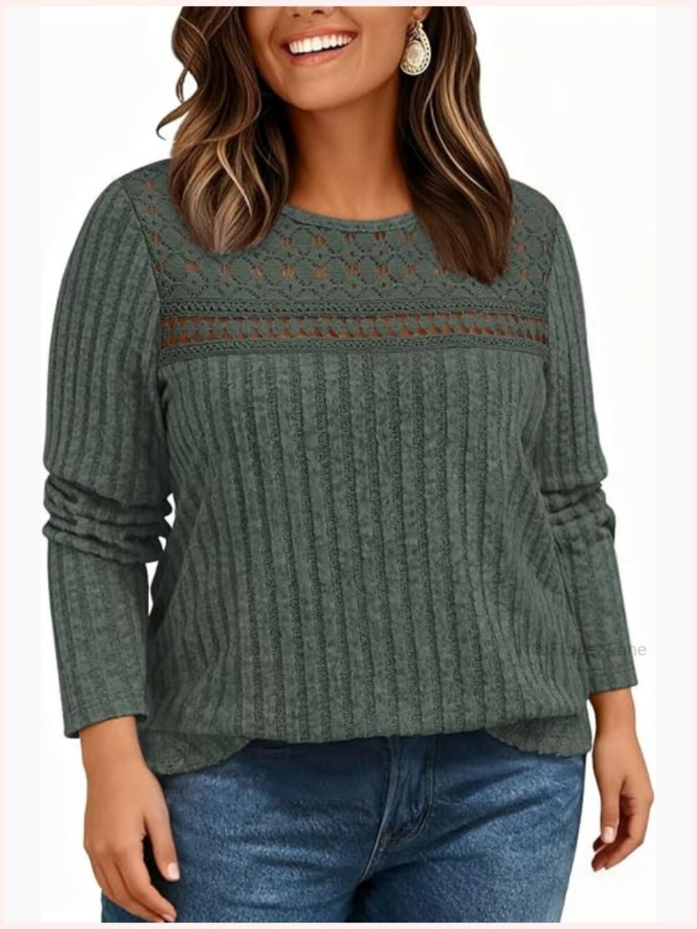 Plus Size Sweater Trendy Long Sleeve Lace Knit Pullover Tunic Crew Neck
